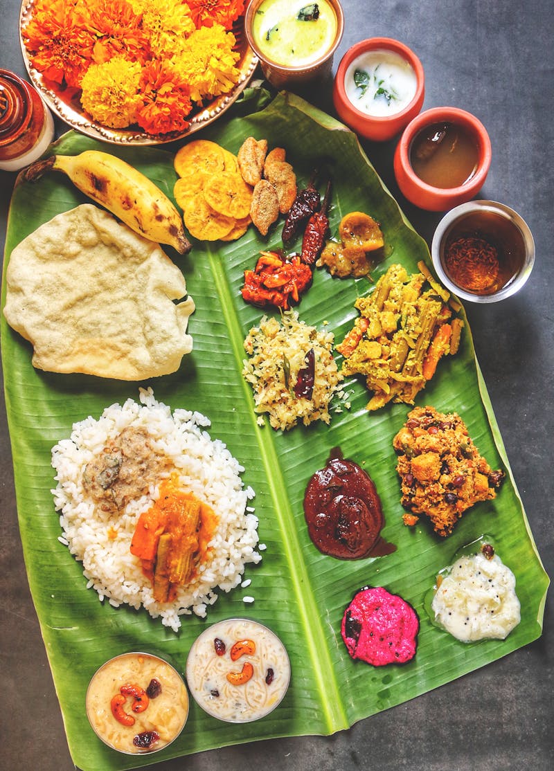 Traditional South Indian meal served on a banana leaf